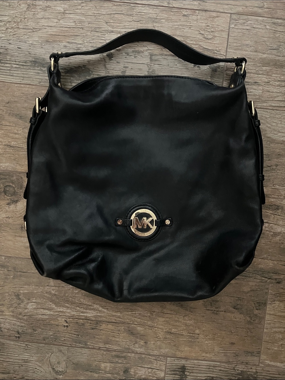 Michael Kors Black Leather Hobo with Gold Logo Accent